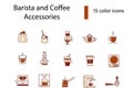Barista equipment flat icons set. Espresso making. Isolated vector stock illustration