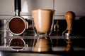 Barista equipment for making coffee and cup of coffee Royalty Free Stock Photo