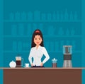 Barista girl in coffee shop cafe interior, beautiful young woman standing at table Royalty Free Stock Photo