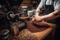 A barista grinding coffee beans with precision, ensuring the perfect consistency for optimal extraction and flavor. Generative AI