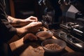 A barista grinding coffee beans with precision, ensuring the perfect consistency for optimal extraction and flavor. Generative AI