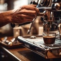 Barista hand and espresso pouring in a cup in a cafe shop. Coffee maker machine closeup, professional portafilter. Generative AI