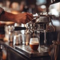 Barista hand and espresso pouring in a cup in a cafe shop. Coffee maker machine closeup, professional portafilter. Generative AI