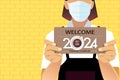 Barista holding sign board to open shop. welcome to happy new year 2024. illustration