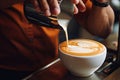 Barista Makes Coffee with Milk in Coffee Shop Cafe, Male Hands Preparing Latte or Cappuccino Art Royalty Free Stock Photo