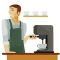 Barista makes someone coffee and smiles, behind him there is a shelf with three mugs, style, service, seller, bartender,