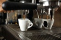 Barista making espresso using professional coffee machine, closeup Royalty Free Stock Photo