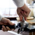 Barista making fresh espresso coffee. Espresso Machine Portafilters Closeup Royalty Free Stock Photo