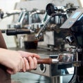 Barista making fresh espresso coffee. Espresso Machine Portafilters Closeup Royalty Free Stock Photo