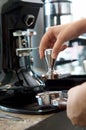 Barista making fresh espresso coffee. Espresso Machine Portafilters Closeup Royalty Free Stock Photo