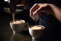 Barista making latte art coffee in coffee shop, A coffee cup in a close up, held by a baristas hand and pouring coffee, AI