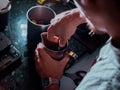 Barista making tea in espresso bar,close up Royalty Free Stock Photo