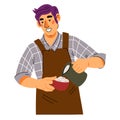 Barista male cartoon character pouring milk to coffee cup, flat vector illustration isolated