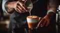 The barista male hands pouring milk and preparing fresh cappuccino