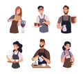 Barista. People preparing coffee cappuccino or latte exact vector barista characters in cartoon style