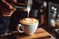 Barista pouring cream into coffee cup making latte art. Generative AI
