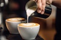 Barista pouring milk into a cup of latte art coffee. A coffee cup in a close up, held by a baristas hand and pouring coffee, AI