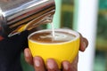 Barista pouring milk foam for making coffee latte art with pattern the leaves in a cup Royalty Free Stock Photo