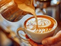 barista pouring milk latte art from silver pitcher into the hot coffee cup. Royalty Free Stock Photo