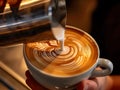 barista pouring milk latte art from silver pitcher into the hot coffee cup. Royalty Free Stock Photo