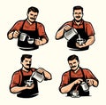 Barista pours cream into coffee cup. Design for restaurant or cafe menu. Making craft coffee drink vector illustration