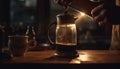 Barista pours frothy cappuccino, hand holding mug in rustic coffee shop generated by AI