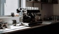 Barista prepares hot latte using modern coffee machinery in kitchen generated by AI Royalty Free Stock Photo