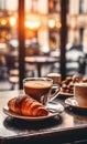 Barista\'s Delight: Inviting bar table with coffee and croissants,