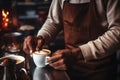 Barista serve cup hot tasty coffee grounds beans cozy cafe drinking cocoa cappuccino americano espresso latte art aroma Royalty Free Stock Photo