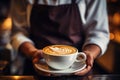 Barista serve cup hot tasty coffee grounds beans cozy cafe drinking cocoa cappuccino americano espresso latte art aroma Royalty Free Stock Photo