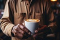 Barista serve cup hot tasty coffee grounds beans cozy cafe drinking cocoa cappuccino americano espresso latte art aroma Royalty Free Stock Photo