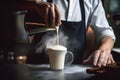 A barista skillfully steaming milk to create velvety microfoam, essential for crafting creamy cappuccinos and lattes. Generative Royalty Free Stock Photo