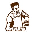 Barista waiter preparing cappuccino pouring milk in coffee cup latte art vector