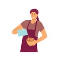 Barista or waitress pouring milk into coffee, flat vector illustration isolated.