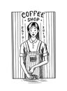 Barista woman in overalls making coffee on counter on a striped background. Cheerful cute girl character. Vintage retro