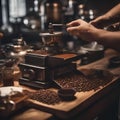 A baristas hands grinding coffee beans with a vintage manual coffee grinder2