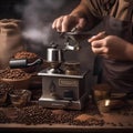 A baristas hands grinding coffee beans with a vintage manual coffee grinder1