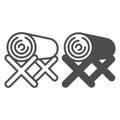 Bark log on support stand line and solid icon, forest industry concept. Vector graphics. Wood log with stand for manual Royalty Free Stock Photo