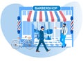 Barker Inviting Pedestrians Come to New Barbershop
