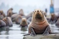 barking sea lion amidst quiet group