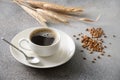 Barley coffee in white cup and ears of barley on gray background. Royalty Free Stock Photo