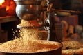 barley grains being poured into a grinder