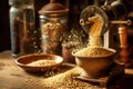 barley grains being poured into a grinder