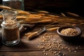 barley grains scattered on rustic wooden table