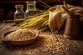 barley grains scattered on rustic wooden table