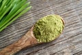 Barley grass powder with fresh barley grass plant on a wooden table Royalty Free Stock Photo