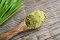 Barley grass powder on a spoon with fresh barley grass blades Royalty Free Stock Photo