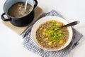 Barley groat soup in plate and in pot on white background Royalty Free Stock Photo