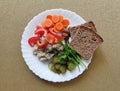 Barley groats with red pepper, carrots, pickled cucumber, wholemeal bread, parsley, nuts.