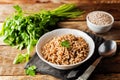 Barley porridge decorated with parsley leaves